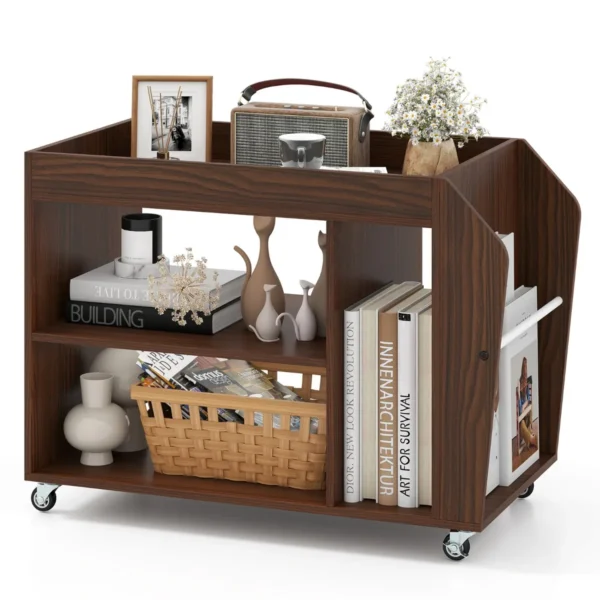Bijzettafel 3-Laags Boekenkast Met Universele Wielen Nachtkastje Op Wieltjes Houten Opbergplank Voor Kantoor Woonkamer Walnoot