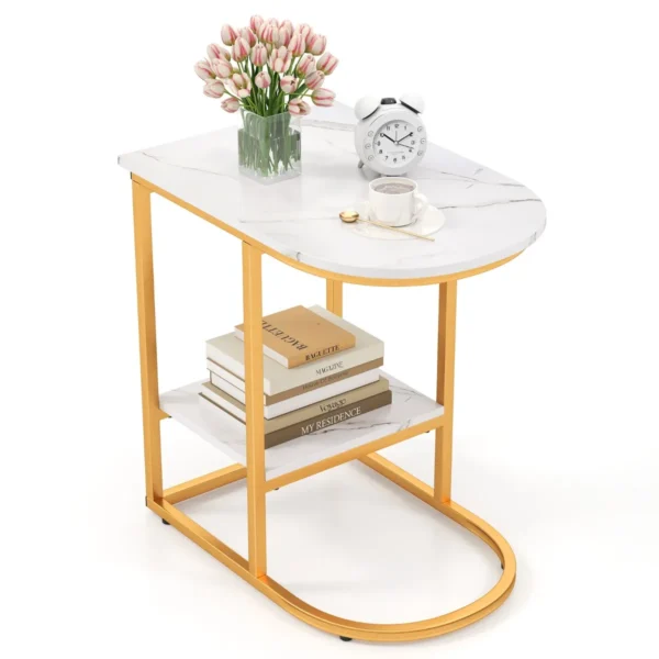 C-vormige Bijzettafel Moderne Bank-Bijzettafel Met Imitatiemarmeren Blad 2-Laags Banktafel Met Metalen Frame Wit+Goud
