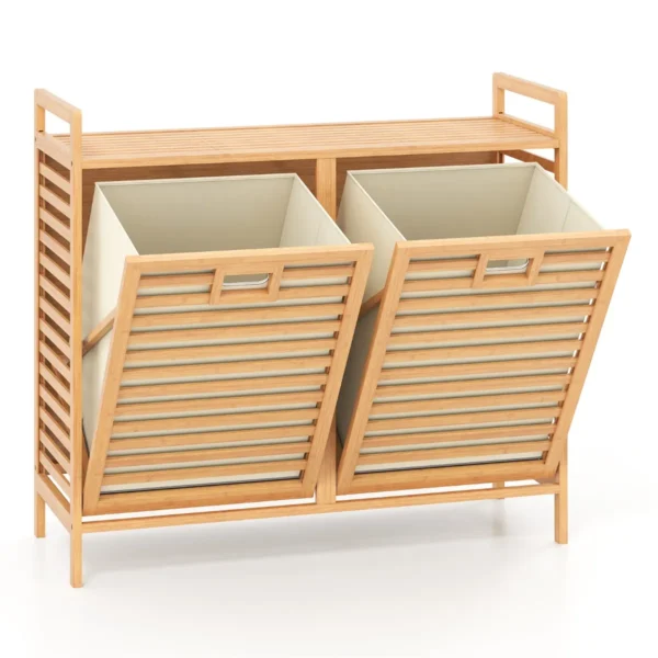 Dubbel Draaibare Wasmand 75 L Bamboe Badkamerkast Met 2 Afneembare Mandjes Vrijstaande Waskast Voor Wasruimte Badkamer