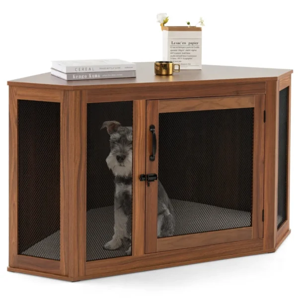 Hoek-Huisdierdoos Hondenkennel Bijzettafel Met Gaasdeur & Kussen 114 X 59 X 67 Cm Bruin