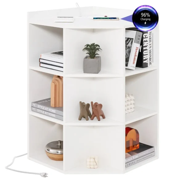Hoekplank Met Oplaadstation Op 3 Niveaus Open Houten Plank Met 9 Vakken 2 USB-Poorten 4 Stopcontacten Voor Boeken Speelgoed-Wit