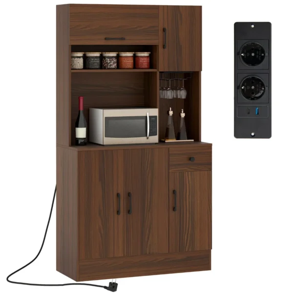 Houten Keukenkast Dressoir Met Stopcontacten En USB-Poorten & Type C Hoge Kast Met Verstelbare Planken En Lade 90 X 39 X 167 Cm
