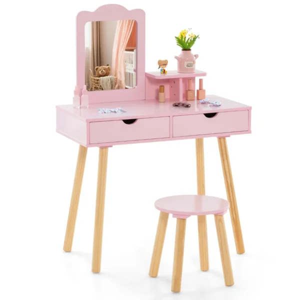 Kinder Make-Up Tafel Set 2 In 1 Kaptafel Bureau & Kruk Met Afneembare Spiegel Roze