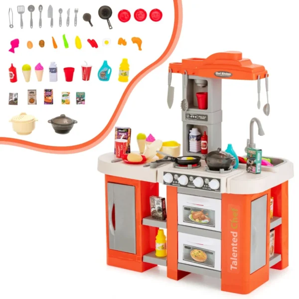 Kinderkeuken Met 67 Accessoires Speelkeuken Van Kunststof Met Waterpompfunctie Licht En Geluid Stoom- En Kookeffecten (Oranje)