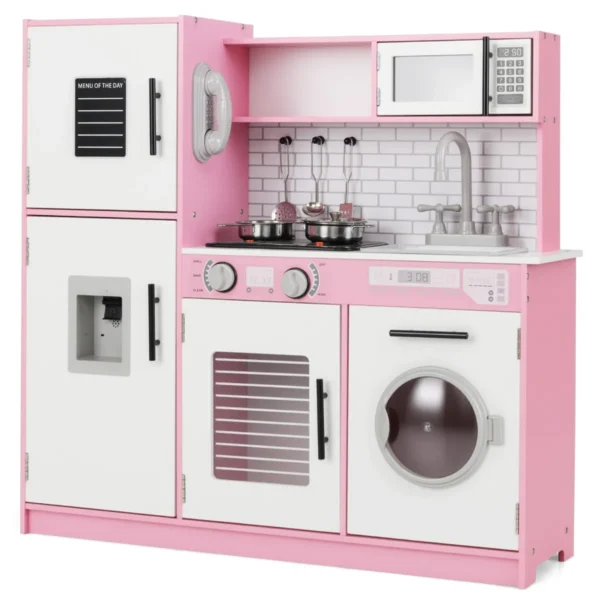 Kinderkeukenset Met Oven Wasmachine Magnetron Waterdispenser Telefoon Licht Geluid Keukenspeelgoed Roze