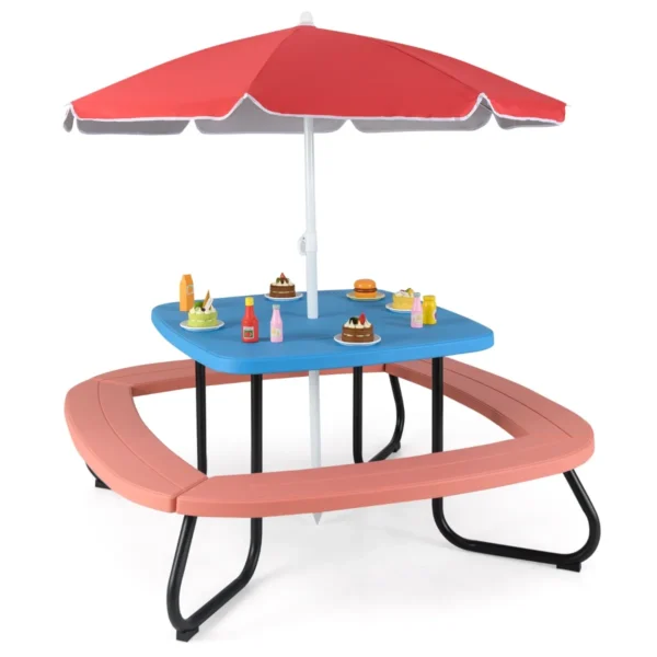Kinderzitgroep Voor Buiten Picknicktafel Met Parasol & 4 Zitbanken Voor Max. 8 Kinderen Tuinmeubelset Voor Kinderen Blauw