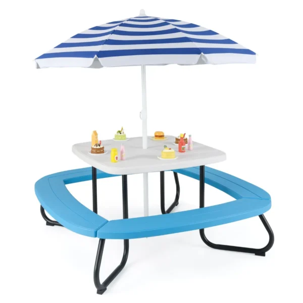 Kinderzitgroep Voor Buiten Picknicktafel Met Parasol & 4 Zitbanken Voor Max. 8 Kinderen Tuinmeubelset Voor Kinderen Wit
