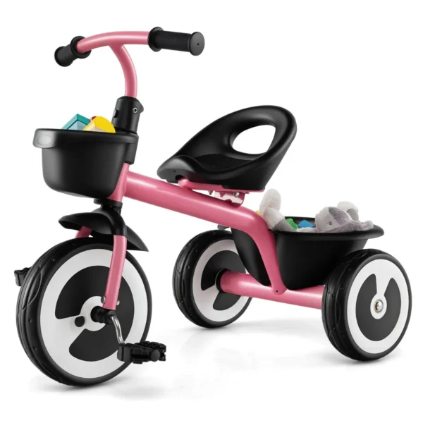 Loopfiets Voor Kinderen Met Verstelbare Zitting En 2 Manden 3-Wieler Loopfiets Van Robuust Koolstofijzeren Frame -Roze