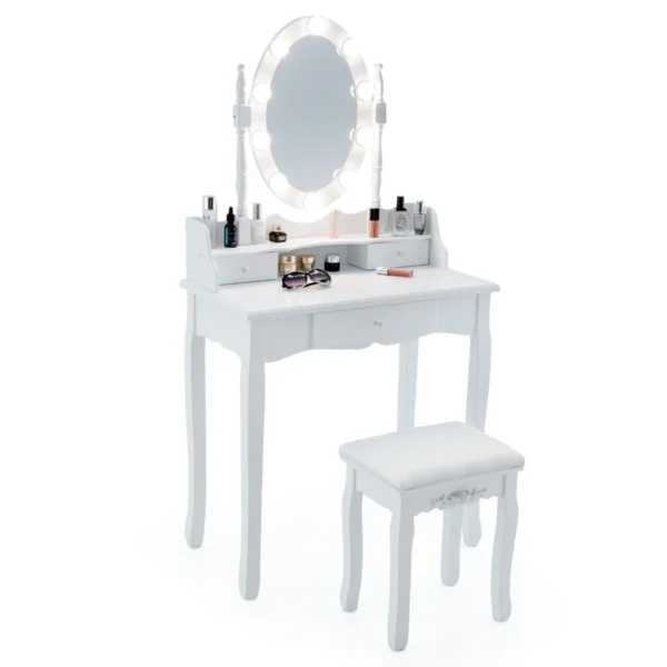 Make-Uptafel Met Ledverlichting Instelbare Helderheid Kaptafel Met 3 Laden Kruk En 360° Draaibare Spiegel Make-Uptafel Voor Slaapkamer (Wit)
