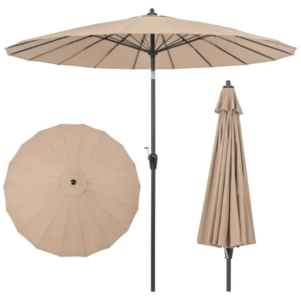 Ø 265 Cm Tuinparasol Kantelbare Parasol Met Zwengel Buiten Paraplu Met 18 Stangen & UV-bestendig Doek -Bruin