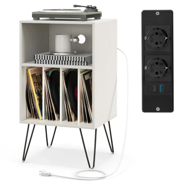 Platenspelerstandaard Met Laadstation 3-Traps Platenstandaard Vinylplaten Opbergtafel Met Plank En 4 Scheidingswanden Wit