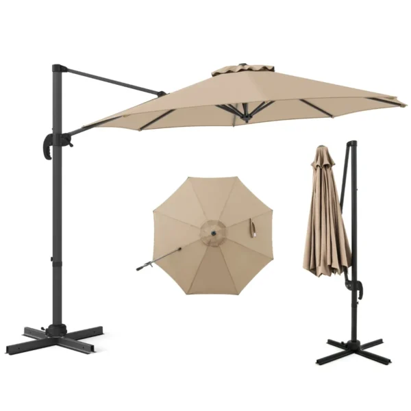 Ronde Terrasparasol 294 X 247 Cm Zweefparasol Met 360° Rotatie Kruisvormige Voet 5 Verstelbare Hellingen 8 Baleinen Aluminium Paal-Beige