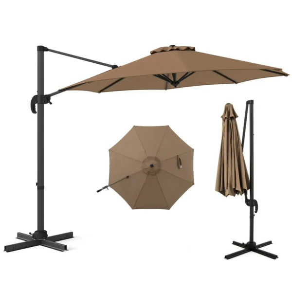 Ronde Terrasparasol 294 X 247 Cm Zweefparasol Met 360° Rotatie Kruisvormige Voet 5 Verstelbare Hellingen 8 Baleinen Aluminium Paal-Bruin