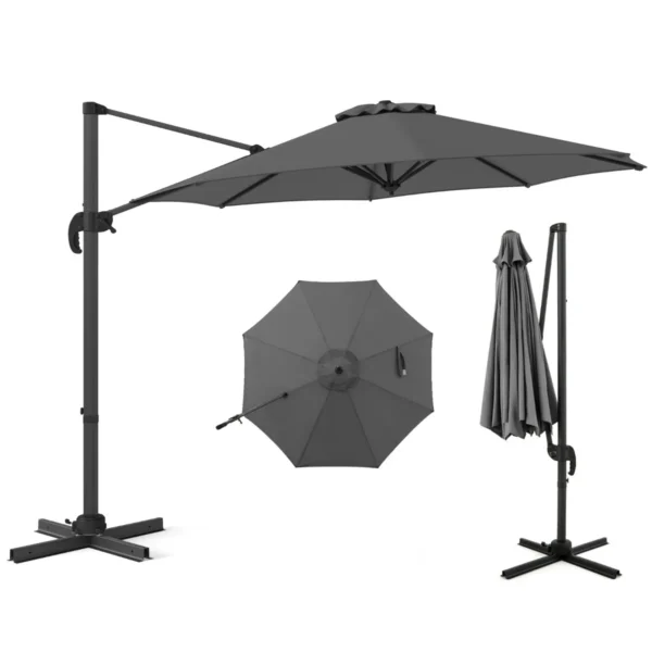 Ronde Terrasparasol 294 X 247 Cm Zweefparasol Met 360° Rotatie Kruisvormige Voet 5 Verstelbare Hellingen 8 Baleinen Aluminium Paal-Grijs