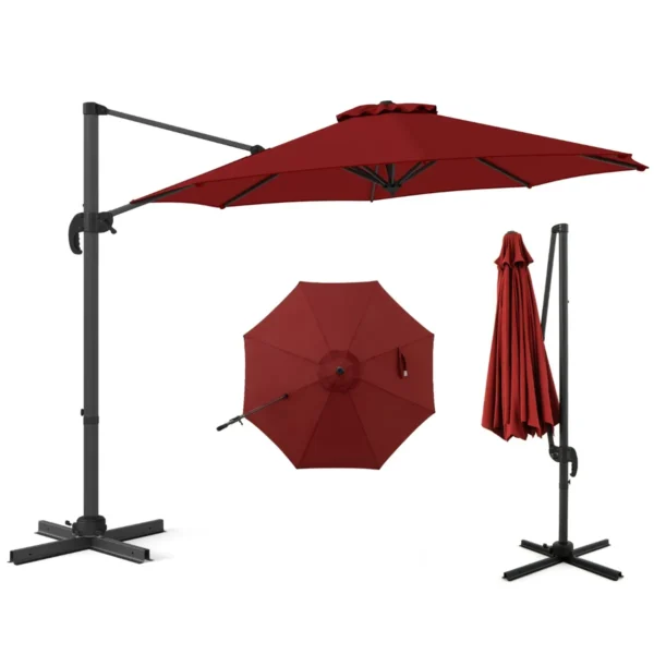 Ronde Terrasparasol 294 X 247 Cm Zweefparasol Met 360° Rotatie Kruisvormige Voet 5 Verstelbare Hellingen 8 Baleinen Aluminium Paal-Wijnrood