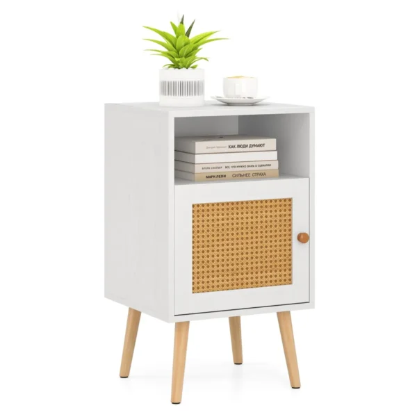 Rotan Nachtkastje Met Opbergruimte Open Plank En Deur Bijzettafel In Landelijke Stijl 1 Stuk Wit