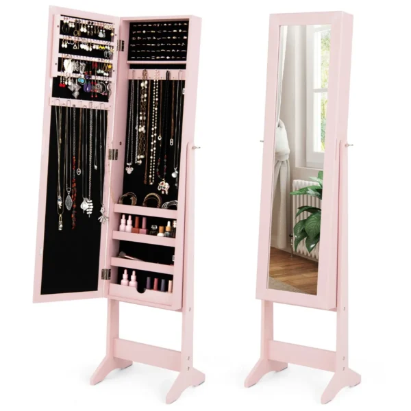 Sieradenkast Met Spiegel Over De Gehele Lengte Vrijstaande Sieraden Kast 2-In-1 Grote Capaciteit Sieraden Organisator Roze
