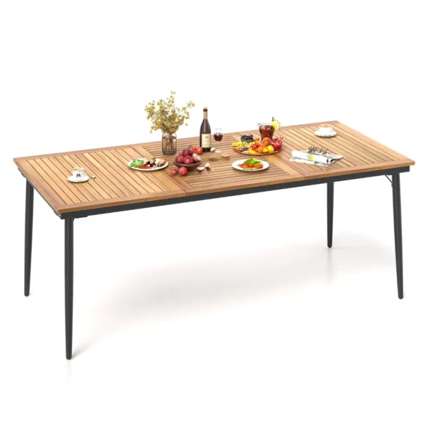 Tuintafel 200 CM Voor 8 Personen Buitentafel Van Acaciahout Met Parasolgat Ø 5 CM Lamellenblad Metalen Poten Tuin- En Terrasmeubelen